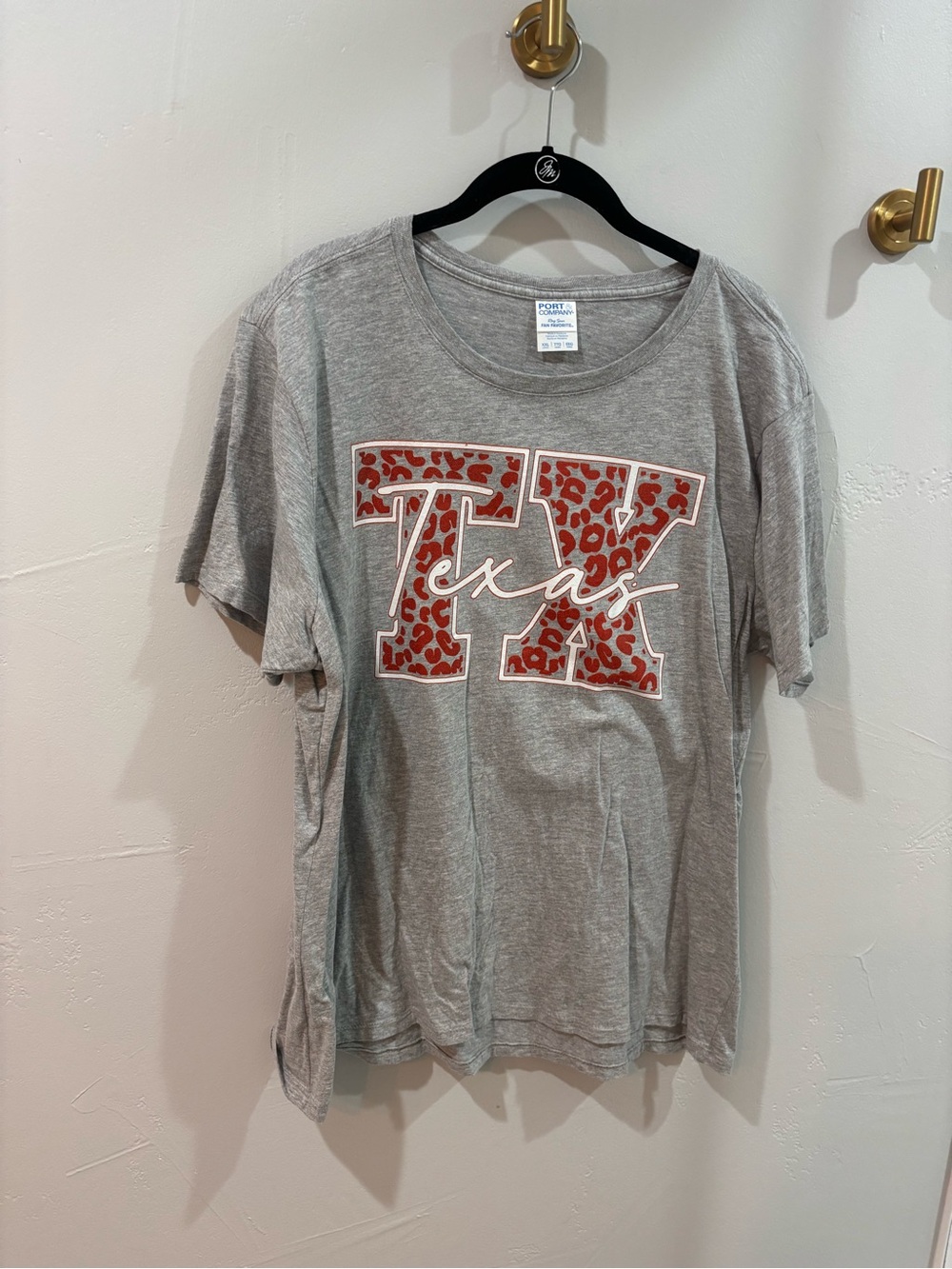 Port and Company Gray Short Sleeve Tee with Orange Leopard TX Graphic